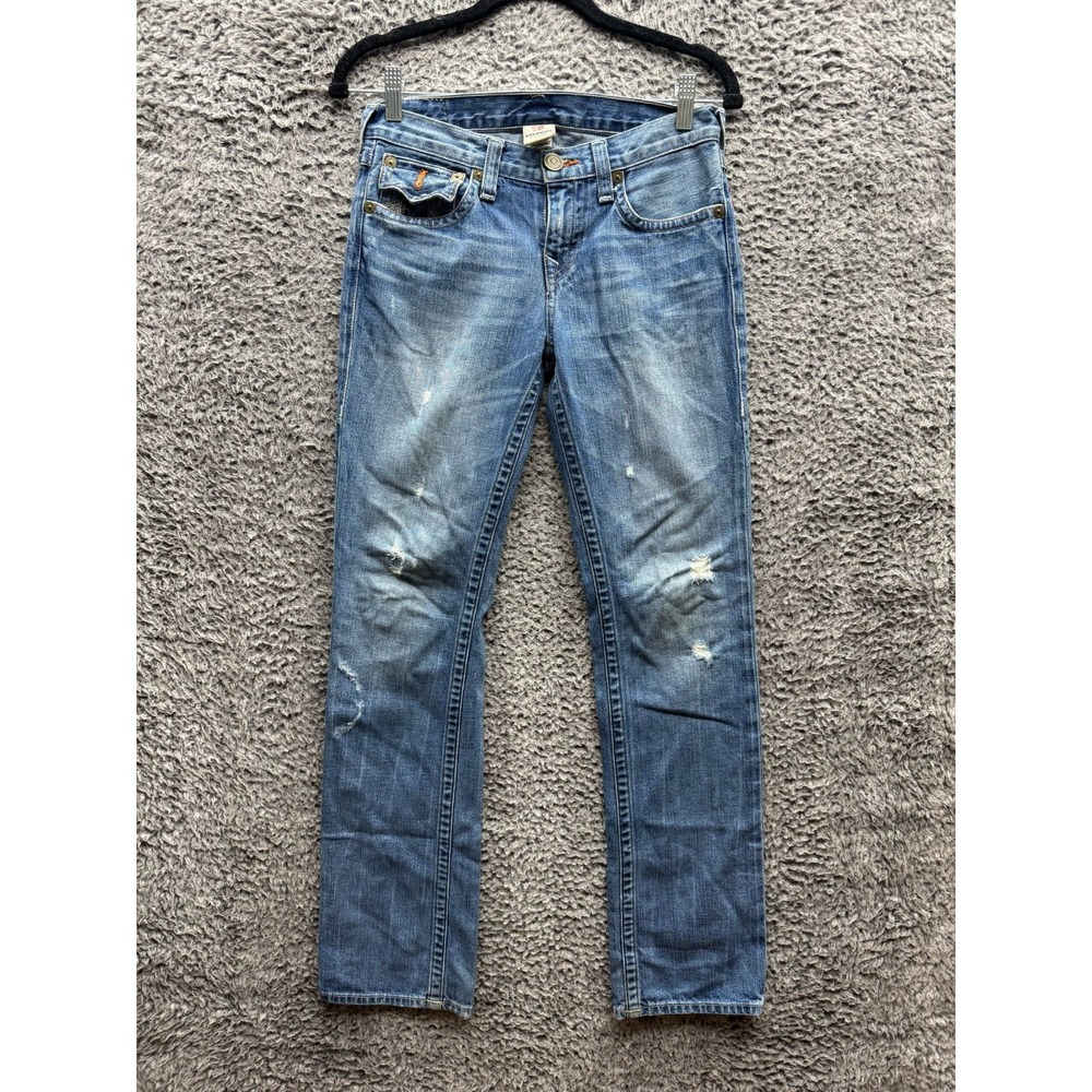 True Religion Boys Ricky Mid Rise Straight Jean Distressed‎ Blue Womens Size 14